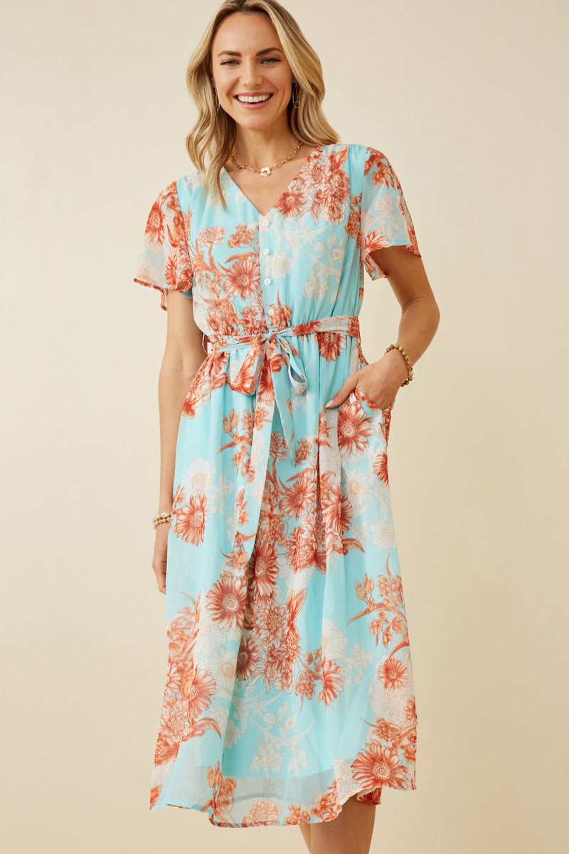 HK1829 Light Blue Womens Floral Button Detail Belted V Neck Dress Front