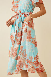 HK1829 Light Blue Womens Floral Button Detail Belted V Neck Dress Detail