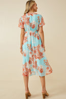 HK1829 Light Blue Womens Floral Button Detail Belted V Neck Dress Back