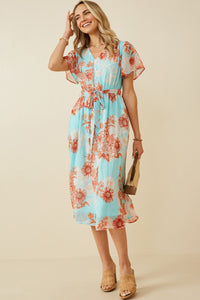 HK1829 Light Blue Womens Floral Button Detail Belted V Neck Dress Pose