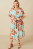 HK1829W Light Blue Plus Floral Button Detail Belted V Neck Dress Full Body