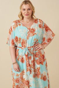 HK1829W Light Blue Plus Floral Button Detail Belted V Neck Dress Gif