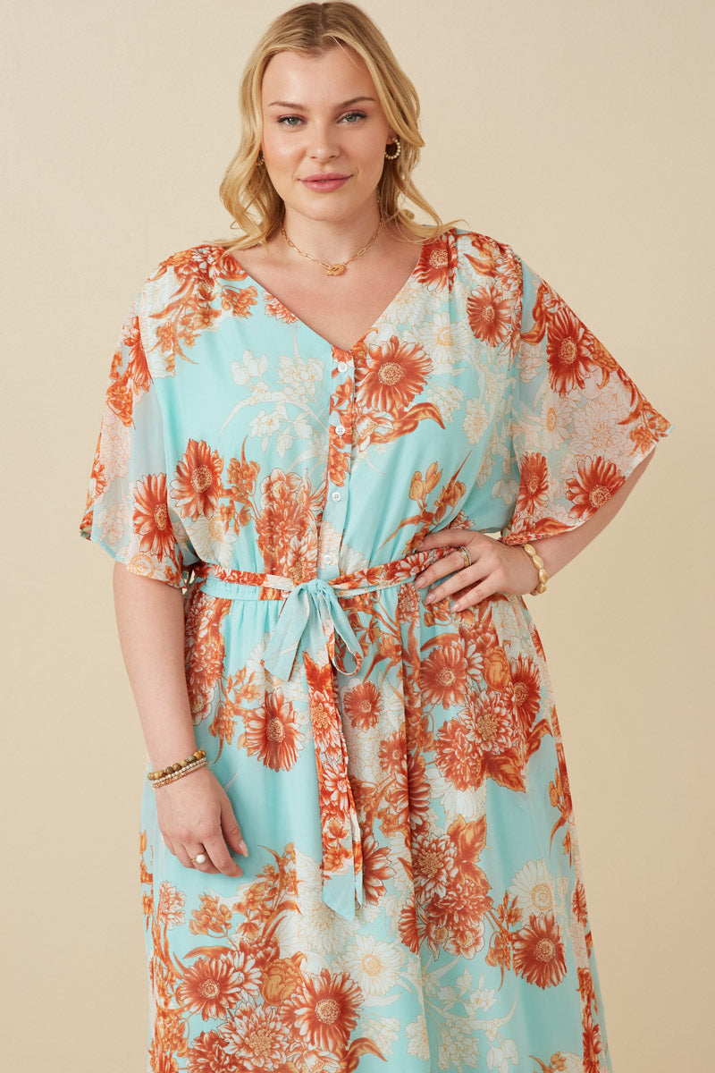 HK1829W Light Blue Plus Floral Button Detail Belted V Neck Dress Gif