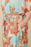 HK1829W Light Blue Plus Floral Button Detail Belted V Neck Dress Front