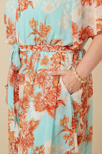 HK1829W Light Blue Plus Floral Button Detail Belted V Neck Dress Front