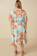 HK1829W Light Blue Plus Floral Button Detail Belted V Neck Dress Detail