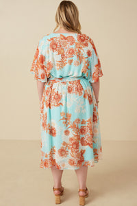 HK1829W Light Blue Plus Floral Button Detail Belted V Neck Dress Detail