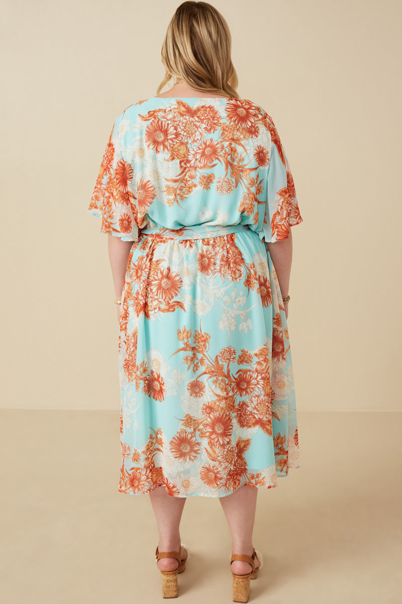 HK1829W Light Blue Plus Floral Button Detail Belted V Neck Dress Detail