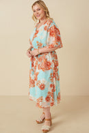 HK1829W Light Blue Plus Floral Button Detail Belted V Neck Dress Back