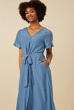 HK1837W Blue Womens Semi Shine Shadow Strip Tulip Sleeve Dress Front