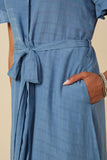 HK1837W Blue Womens Semi Shine Shadow Strip Tulip Sleeve Dress Full Body