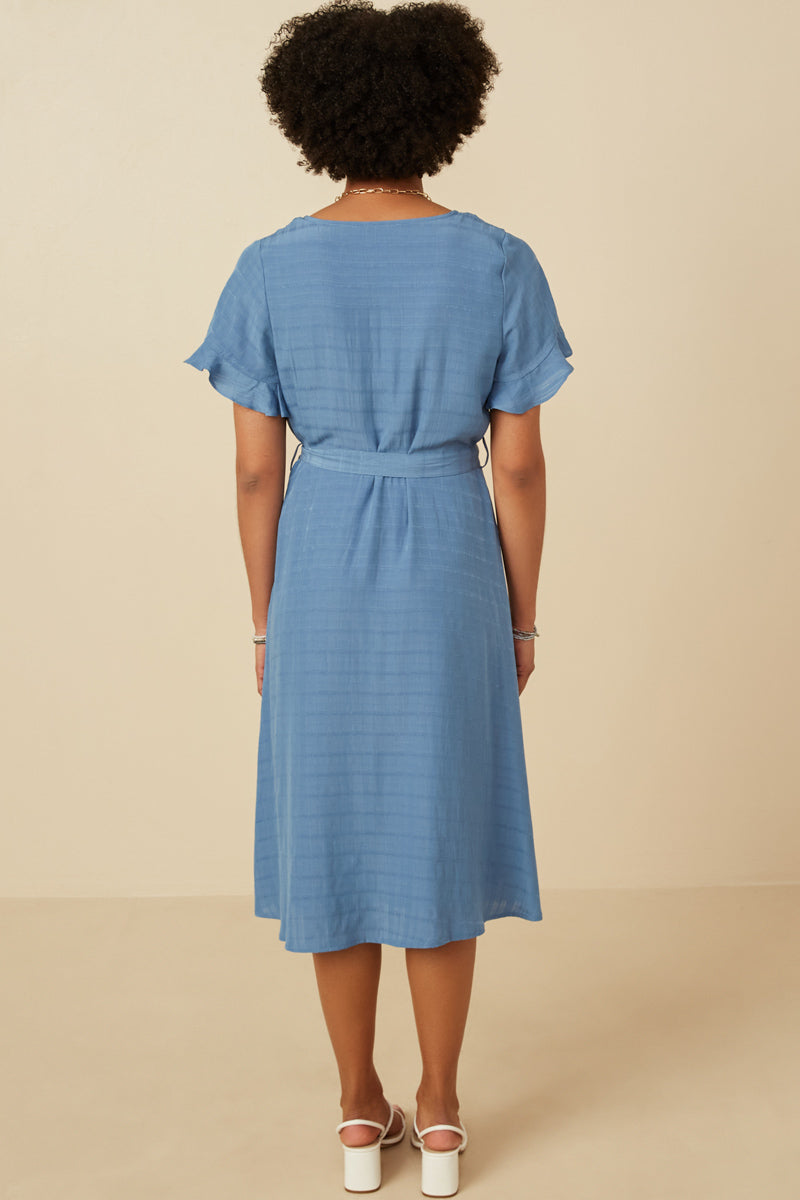 HK1837W Blue Womens Semi Shine Shadow Strip Tulip Sleeve Dress Detail