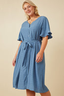 HK1837 BLUE Womens Semi Shine Shadow Strip Tulip Sleeve Dress Detail