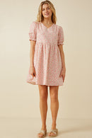 HK1839W Pink Plus Ditsy Floral Cinch Sleeve V Neck Dress Front