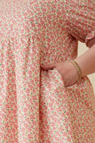 HK1839 Pink Womens Ditsy Floral Cinch Sleeve V Neck Dress Full Body