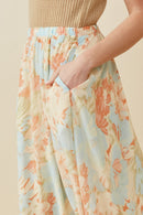 HK1852 Blue Womens Romantic Floral Elastic Waist Skirt Detail