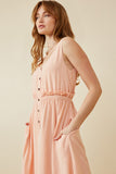 HK1857 BLUSH Womens Ruffle Waist Button Front Tank Dress Side