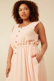 HK1857W Blush Plus Ruffle Waist Button Front Tank Dress Front