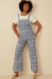 HK1858 BLUE Womens Txtured Floral Print Wideleg Overall Jumpsuit Full Body