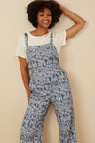 HK1858 BLUE Womens Txtured Floral Print Wideleg Overall Jumpsuit Gif