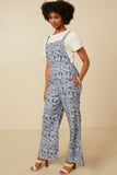 HK1858 BLUE Womens Txtured Floral Print Wideleg Overall Jumpsuit Back