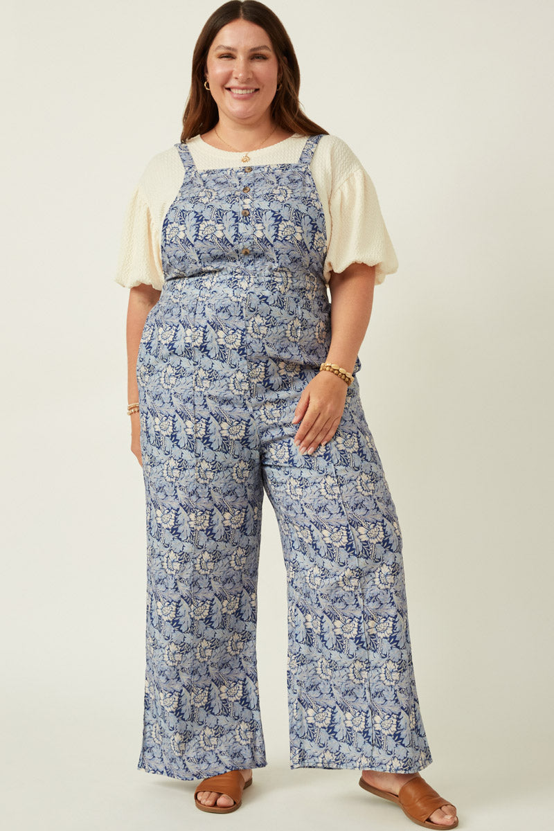 Textured Floral Print Wideleg Overall Jumpsuit