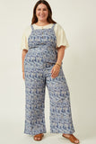 HK1858W BLUE Plus Txtured Floral Print Wideleg Overall Jumpsuit Full Body