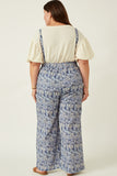 HK1858W BLUE Plus Txtured Floral Print Wideleg Overall Jumpsuit Side