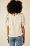 HK1893 Beige Womens Seersucker Textured Puff Sleeve Top Side