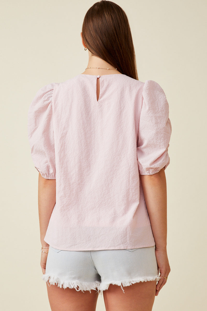 HK1893 Pink Womens Seersucker Textured Puff Sleeve Top Full Body