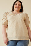 HK1893W Beige Plus Seersucker Textured Puff Sleeve Top Front