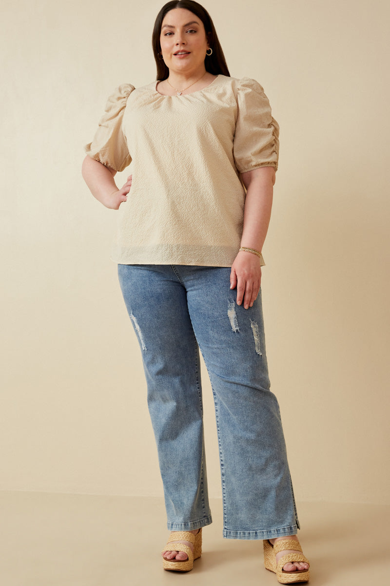 HK1893 Beige Womens Seersucker Textured Puff Sleeve Top Back