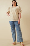 HK1893 Beige Womens Seersucker Textured Puff Sleeve Top Back