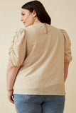 HK1893W Beige Plus Seersucker Textured Puff Sleeve Top Detail