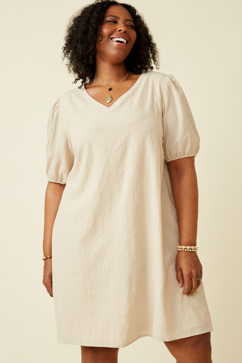 Seersucker Textured V Neck Puff Sleeve Dress