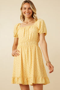 HK1915 Yellow Womens Ditsy Print Button Detail Square Neck Puff Sleeve Dress Front
