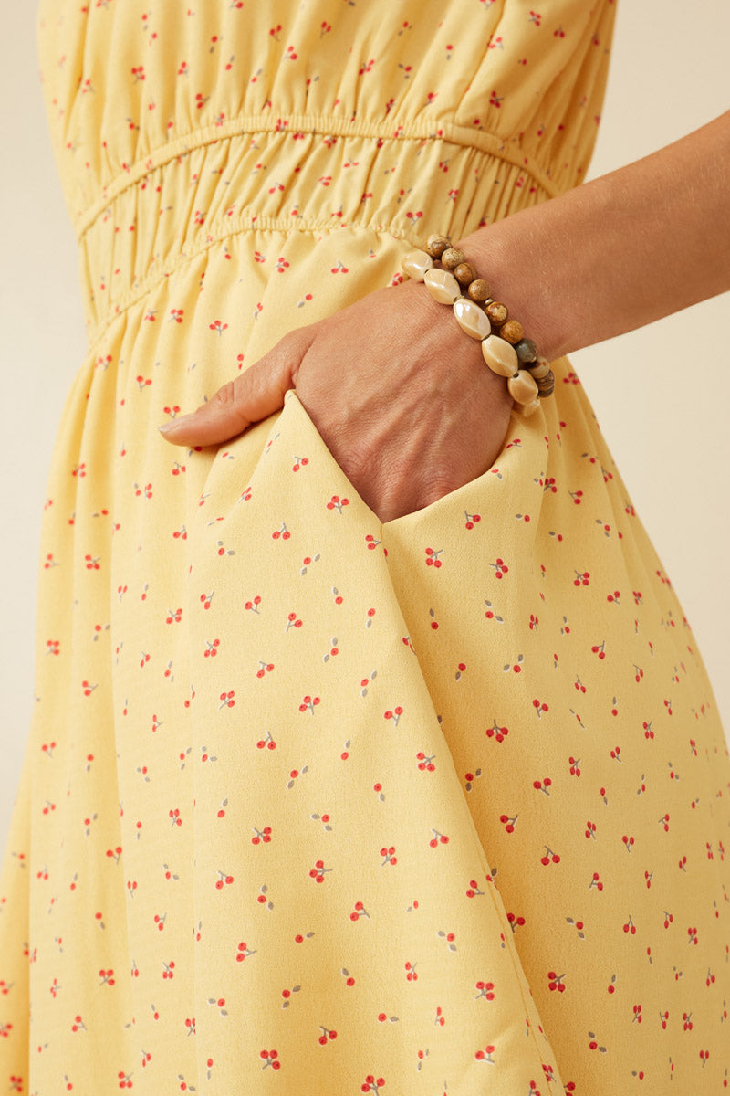 HK1915 Yellow Womens Ditsy Print Button Detail Square Neck Puff Sleeve Dress Full Body