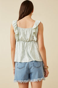 HK1930 Sage Womens Handkerchief Print Smocked Ruffle Tank Back