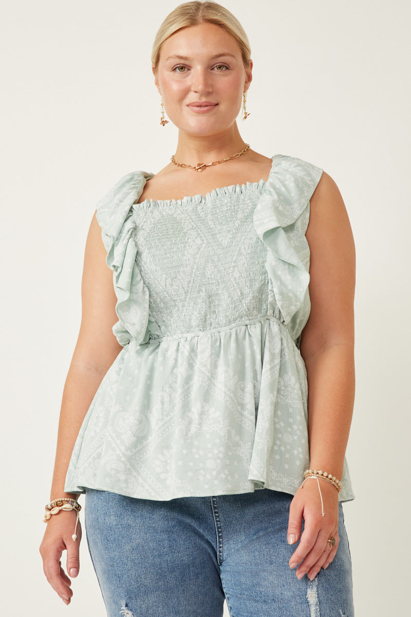 Handkerchief Print Smocked Ruffle Tank