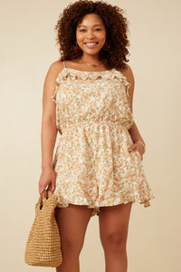HK1933W Orange Plus Ditsy Floral Button Detail Ruffle Tank Romper Front