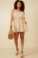 HK1933 Orange Womens Ditsy Floral Button Detail Ruffle Tank Romper Side