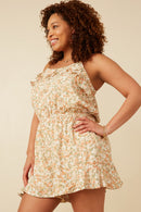 HK1933W Orange Plus Ditsy Floral Button Detail Ruffle Tank Romper Detail