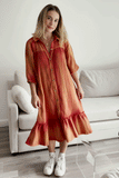 HN4299W Rust Plus Button Up Collared Long Sleeve Vintage Overdye Dress Full Body