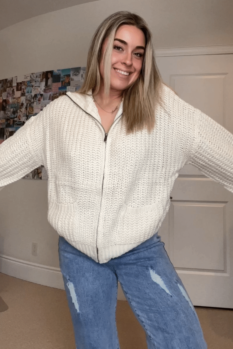 Zip Up Collared Puff Sleeve Knit Jacket