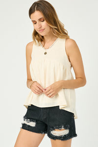 HN4016W IVORY Plus Crochet Trimmed V Neck Tank Side