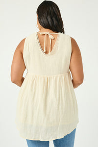 HN4016 IVORY Womens Crochet Trimmed V Neck Tank Back