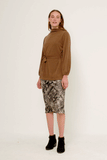 HN4087W BROWN Plus Mock Neck Belted Long Sleeve Knit Tunic Top Front