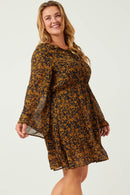 HN4097 MUSTARD Womens Ruffle Collar Long Sleeve Chiffon Dress Front