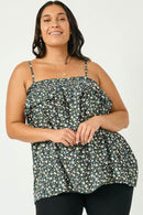 HN4105 BLACK Womens Smocked Floral Ruffle Tank Detail