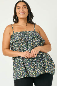 HN4105 BLACK Womens Smocked Floral Ruffle Tank Detail